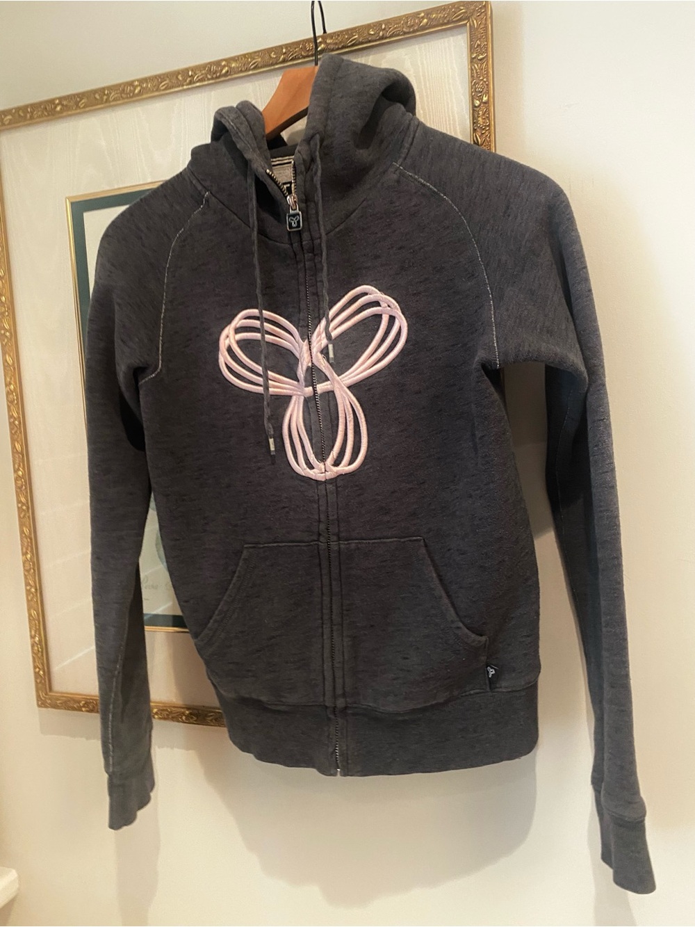 TNA Dark Gray Zip Hoodie with Pastel Pink TNA Logo XS